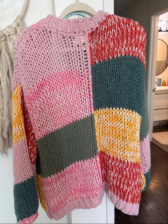 Chunky Patchwork Knit Cardigan Sweater - Pink Multi - Picture 4 of 4